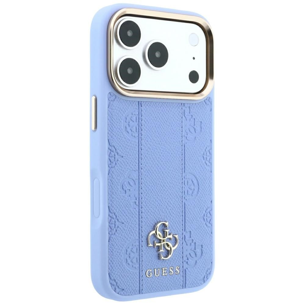 Guess iPhone 17 Pro Max / iPhone 18 Pro Max - Σκληρή Θήκη με Επένδυση Συνθετικού Δέρματος - Stripe Peony 4G Logo MagSafe - Light Blue