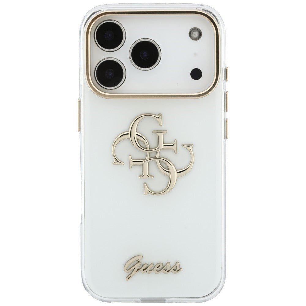 Guess iPhone 17 Pro Max / iPhone 18 Pro Max - Σκληρή Θήκη με Πλαίσιο Σιλικόνης - IML 4G Script Metal - White
