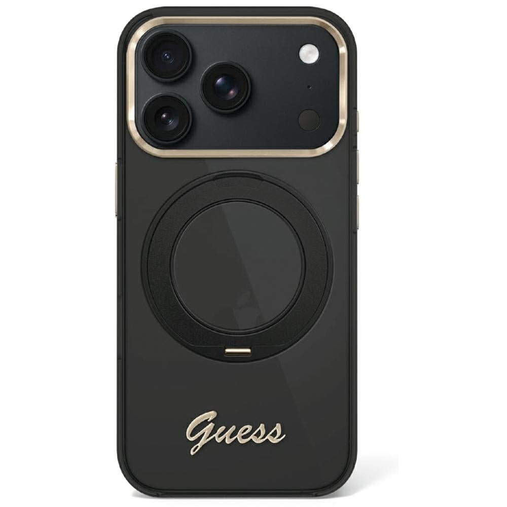 Guess iPhone 17 Pro Max / iPhone 18 Pro Max - Σκληρή Θήκη με Πλαίσιο Σιλικόνης - IML Ring Stand 360 Script Metal Logo MagSafe - Black - GUHMP18X6HCCMSK