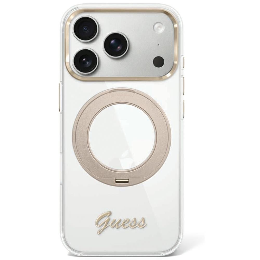 Guess iPhone 17 Pro Max / iPhone 18 Pro Max - Σκληρή Θήκη με Πλαίσιο Σιλικόνης - IML Ring Stand 360 Script Metal Logo MagSafe - Clear - GUHMP18X6HCCMST