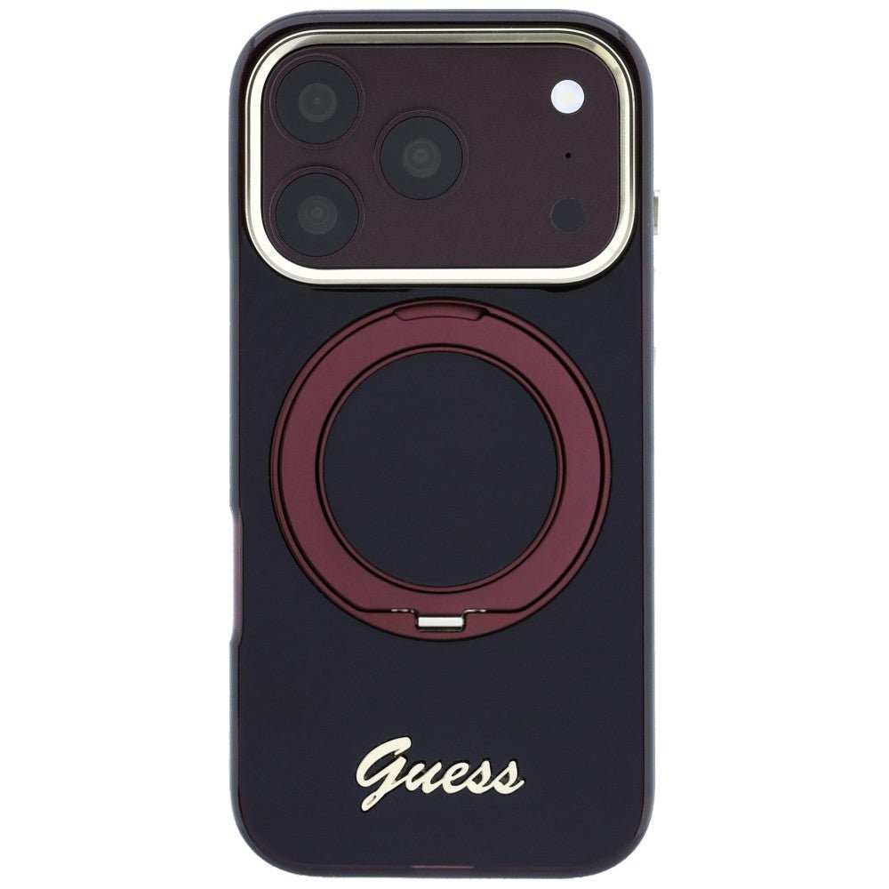 Guess iPhone 17 Pro Max / iPhone 18 Pro Max - Σκληρή Θήκη με Πλαίσιο Σιλικόνης και Δαχτυλίδι Συγκράτησης - IML Ring Stand 360 Script Metal Logo MagSafe - Burgundy