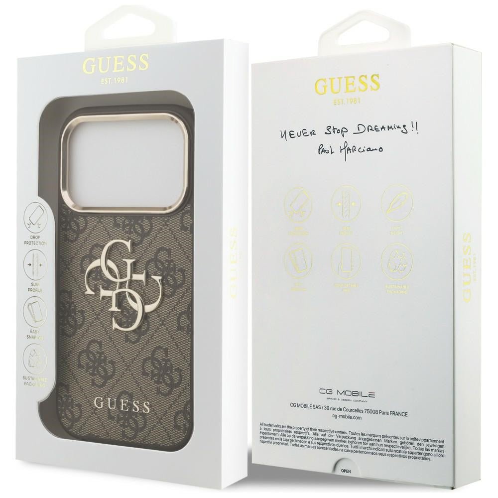 Guess iPhone 17 Pro Max / iPhone 18 Pro Max - Σκληρή Θήκη με Πλαίσιο Σιλικόνης και Επένδυση από Οικολογικό Δέρμα - 4G Big 4G Classic Logo - Brown / Gold - GUHCP18X4GMGCBR
