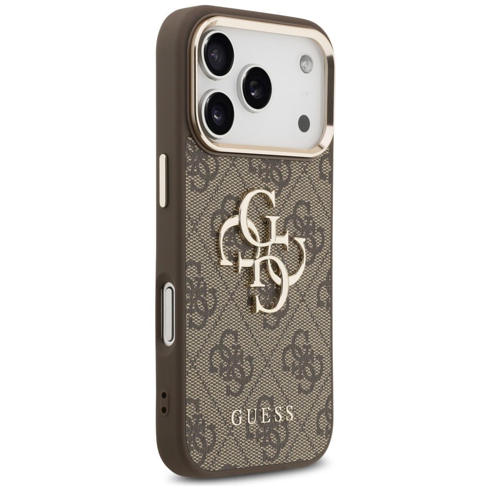 Guess iPhone 17 Pro Max / iPhone 18 Pro Max - Σκληρή Θήκη με Πλαίσιο Σιλικόνης και Επένδυση από Οικολογικό Δέρμα - 4G Big 4G Classic Logo - Brown / Gold - GUHCP18X4GMGCBR