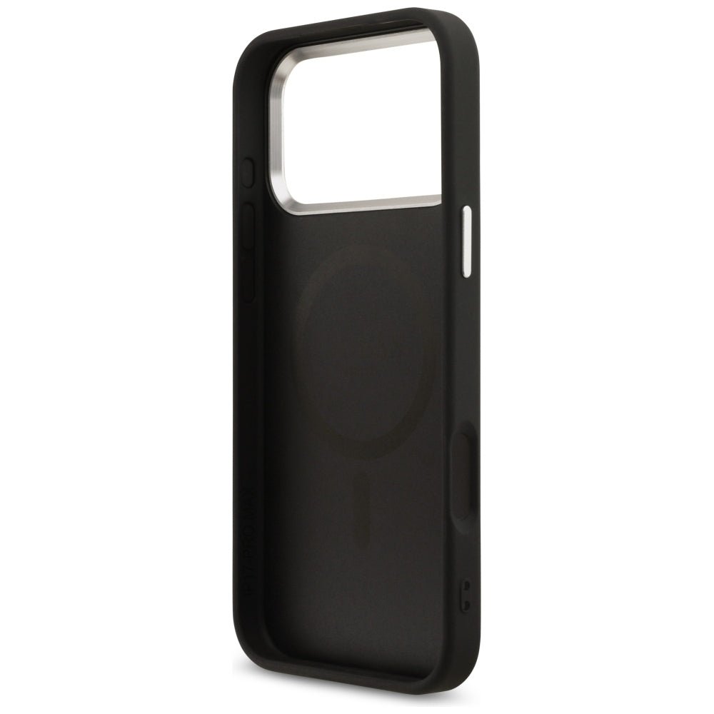 Guess iPhone 17 Pro Max / iPhone 18 Pro Max - Σκληρή Θήκη με Πλαίσιο Σιλικόνης και Επένδυση Συνθετικού Δέρματος - 4G Triangle Logo MagSafe - Black / Silver