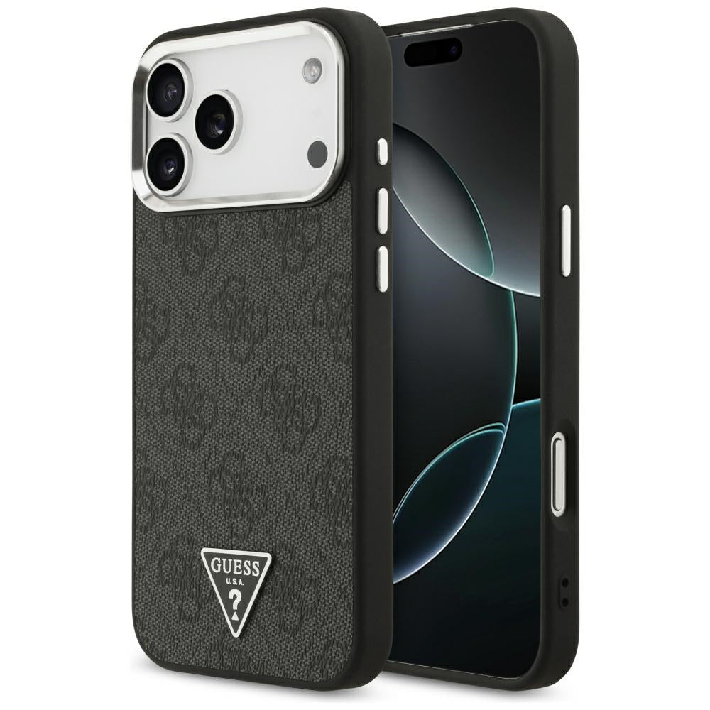 Guess iPhone 17 Pro Max / iPhone 18 Pro Max - Σκληρή Θήκη με Πλαίσιο Σιλικόνης και Επένδυση Συνθετικού Δέρματος - 4G Triangle Logo MagSafe - Black / Silver