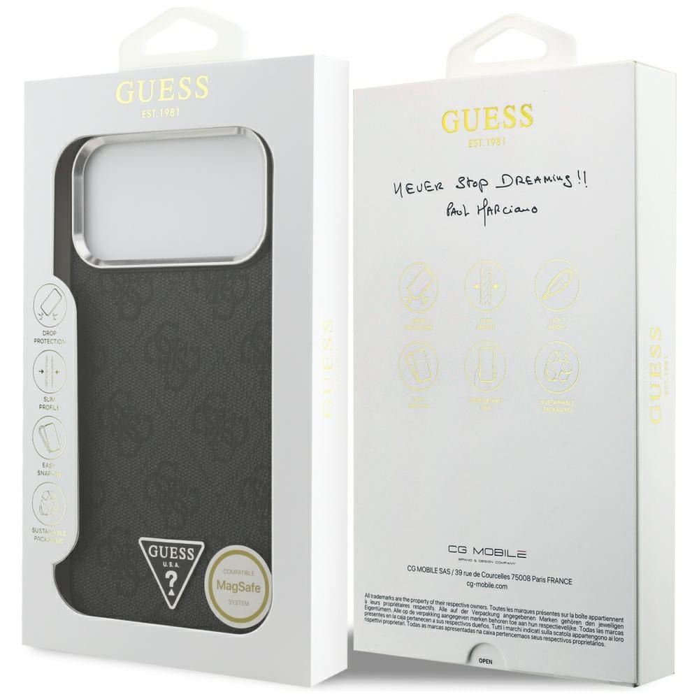 Guess iPhone 17 Pro Max / iPhone 18 Pro Max - Σκληρή Θήκη με Πλαίσιο Σιλικόνης και Επένδυση Συνθετικού Δέρματος - 4G Triangle Logo MagSafe - Black / Silver
