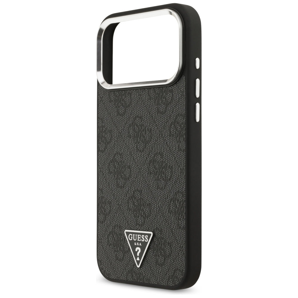 Guess iPhone 17 Pro Max / iPhone 18 Pro Max - Σκληρή Θήκη με Πλαίσιο Σιλικόνης και Επένδυση Συνθετικού Δέρματος - 4G Triangle Logo MagSafe - Black / Silver