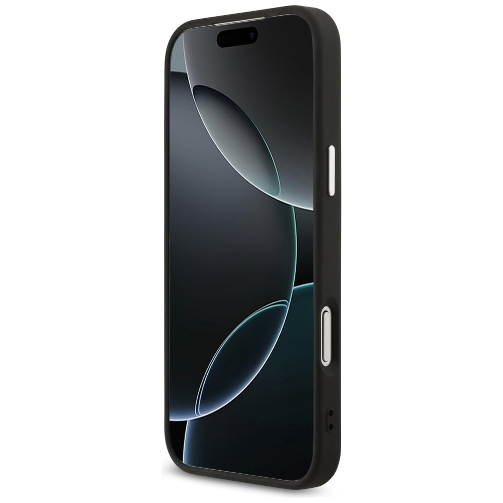 Guess iPhone 17 Pro Max / iPhone 18 Pro Max - Σκληρή Θήκη με Πλαίσιο Σιλικόνης και Επένδυση Συνθετικού Δέρματος - 4G Triangle Logo MagSafe - Black / Silver