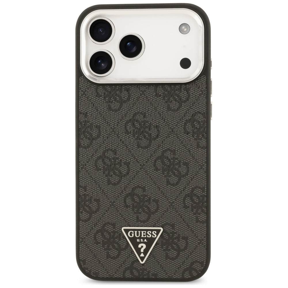 Guess iPhone 17 Pro Max / iPhone 18 Pro Max - Σκληρή Θήκη με Πλαίσιο Σιλικόνης και Επένδυση Συνθετικού Δέρματος - 4G Triangle Logo MagSafe - Black / Silver