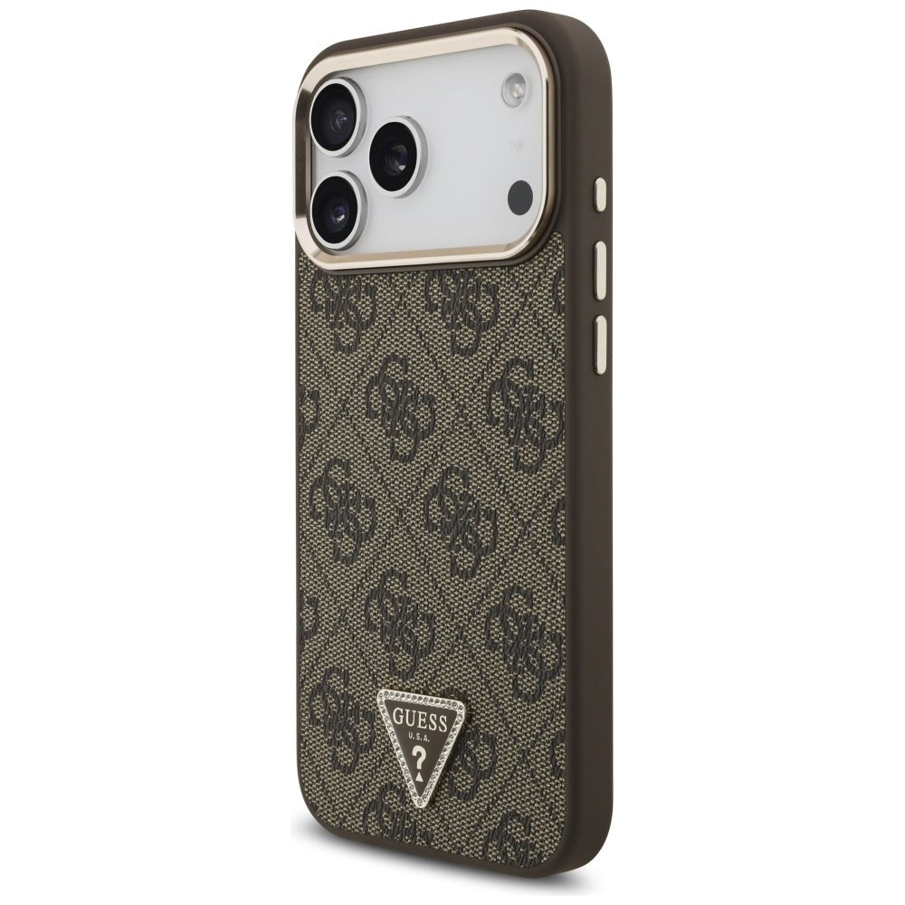 Guess iPhone 17 Pro Max / iPhone 18 Pro Max - Σκληρή Θήκη με Πλαίσιο Σιλικόνης και Επένδυση Συνθετικού Δέρματος - 4G Triangle Logo MagSafe - Brown