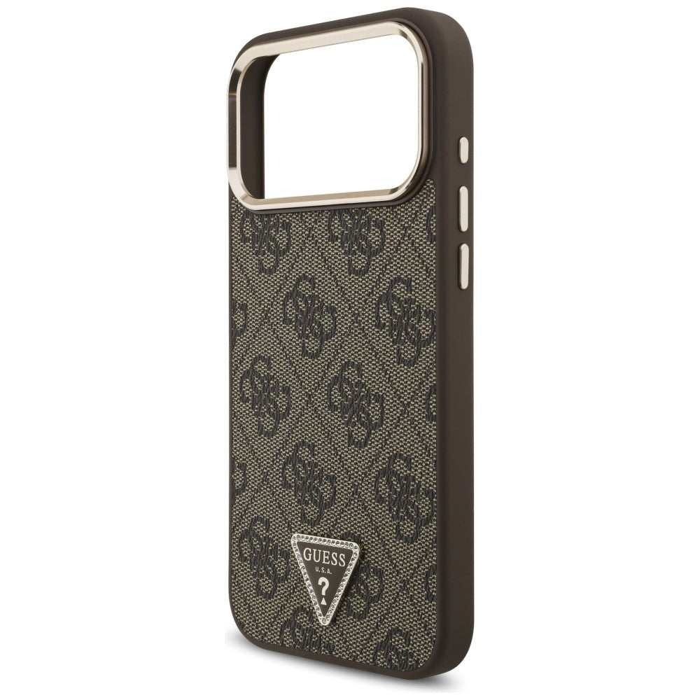 Guess iPhone 17 Pro Max / iPhone 18 Pro Max - Σκληρή Θήκη με Πλαίσιο Σιλικόνης και Επένδυση Συνθετικού Δέρματος - 4G Triangle Logo MagSafe - Brown