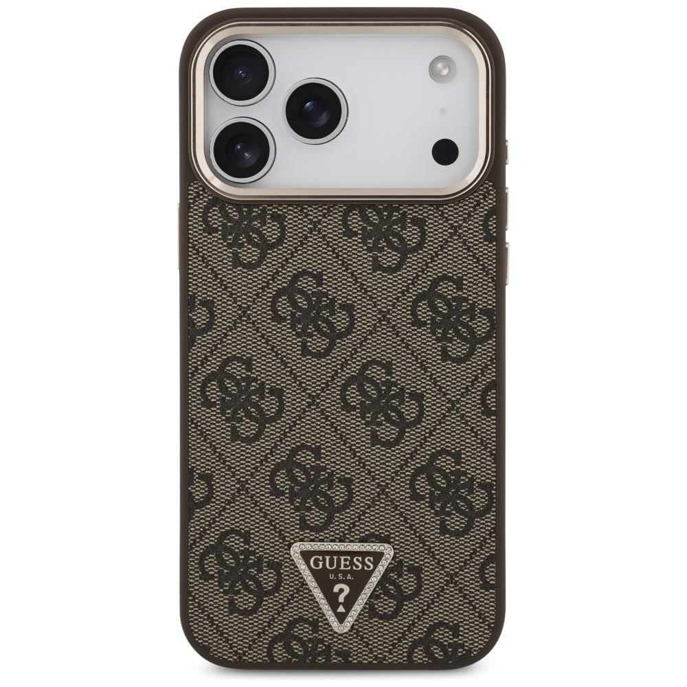Guess iPhone 17 Pro Max / iPhone 18 Pro Max - Σκληρή Θήκη με Πλαίσιο Σιλικόνης και Επένδυση Συνθετικού Δέρματος - 4G Triangle Logo MagSafe - Brown