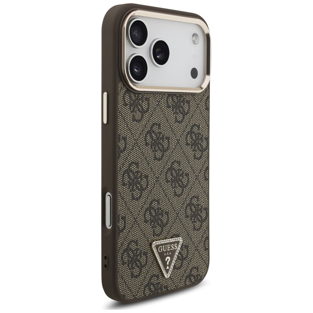 Guess iPhone 17 Pro Max / iPhone 18 Pro Max - Σκληρή Θήκη με Πλαίσιο Σιλικόνης και Επένδυση Συνθετικού Δέρματος - 4G Triangle Logo MagSafe - Brown