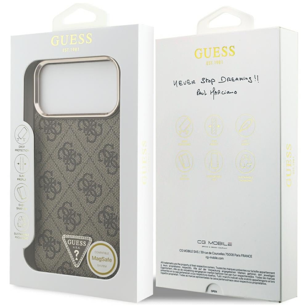 Guess iPhone 17 Pro Max / iPhone 18 Pro Max - Σκληρή Θήκη με Πλαίσιο Σιλικόνης και Επένδυση Συνθετικού Δέρματος - 4G Triangle Logo MagSafe - Brown