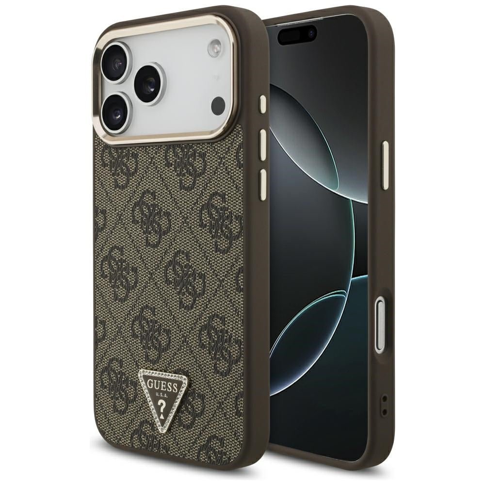 Guess iPhone 17 Pro Max / iPhone 18 Pro Max - Σκληρή Θήκη με Πλαίσιο Σιλικόνης και Επένδυση Συνθετικού Δέρματος - 4G Triangle Logo MagSafe - Brown