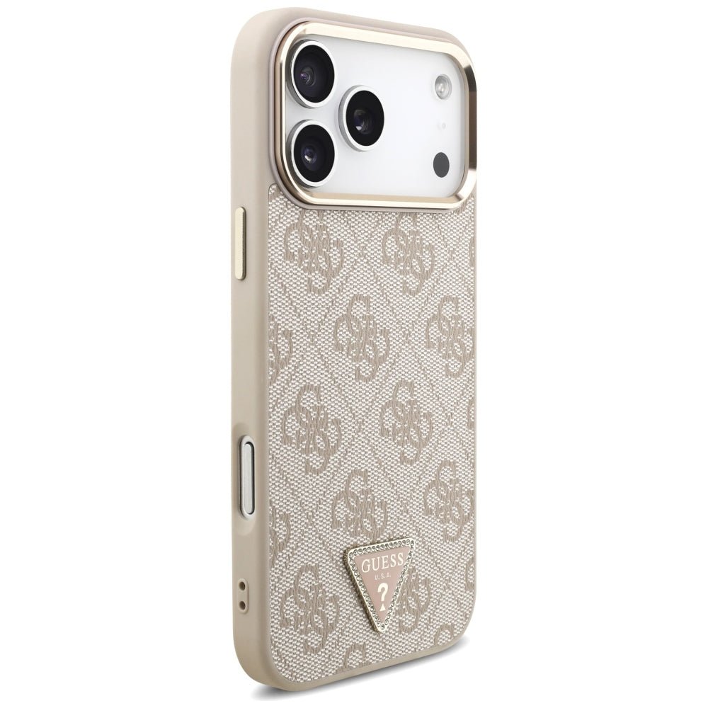 Guess iPhone 17 Pro Max / iPhone 18 Pro Max - Σκληρή Θήκη με Πλαίσιο Σιλικόνης και Επένδυση Συνθετικού Δέρματος - 4G Triangle Logo MagSafe - Pink / Gold