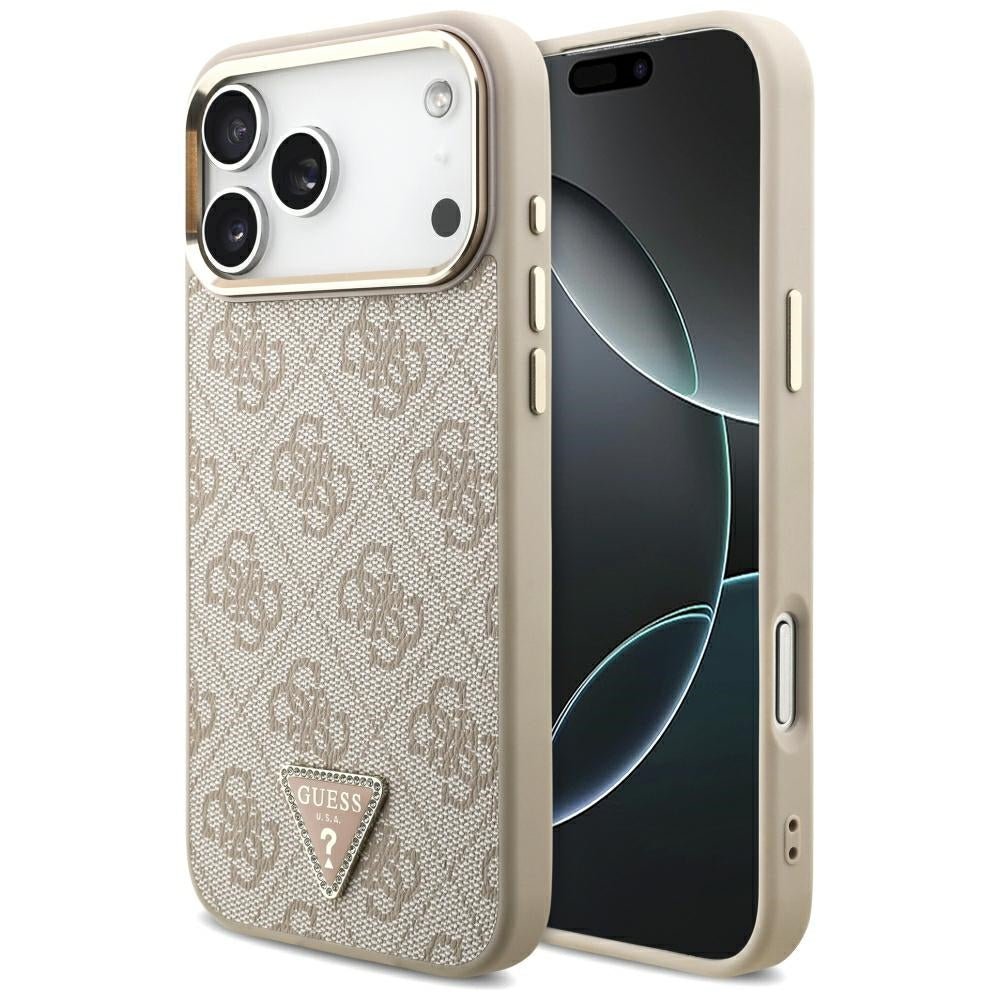 Guess iPhone 17 Pro Max / iPhone 18 Pro Max - Σκληρή Θήκη με Πλαίσιο Σιλικόνης και Επένδυση Συνθετικού Δέρματος - 4G Triangle Logo MagSafe - Pink / Gold