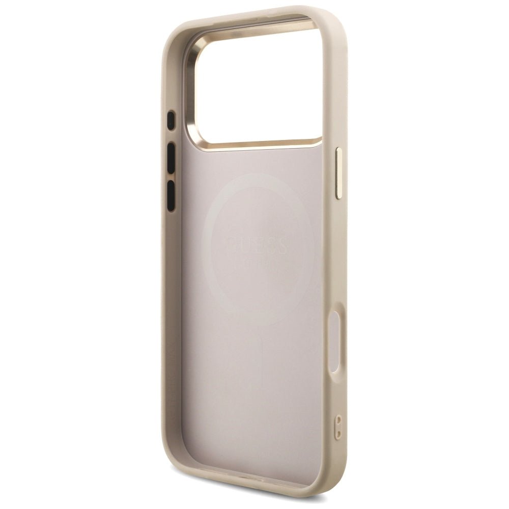 Guess iPhone 17 Pro Max / iPhone 18 Pro Max - Σκληρή Θήκη με Πλαίσιο Σιλικόνης και Επένδυση Συνθετικού Δέρματος - 4G Triangle Logo MagSafe - Pink / Gold