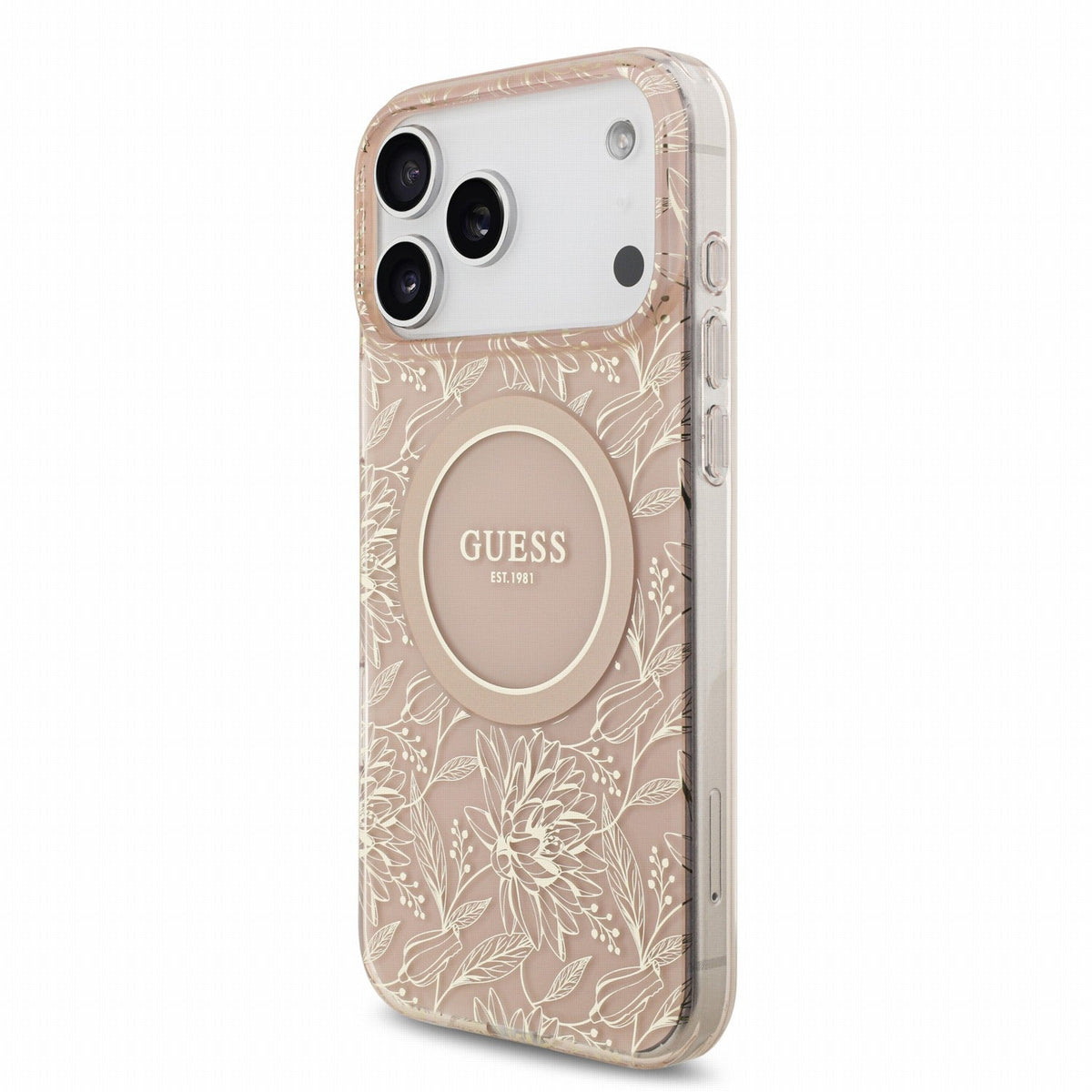 Guess iPhone 17 Pro Max / iPhone 18 Pro Max - Σκληρή Θήκη με Πλαίσιο Σιλικόνης και Λουράκι - IML Flowers Allover Strap MagSafe - Pink