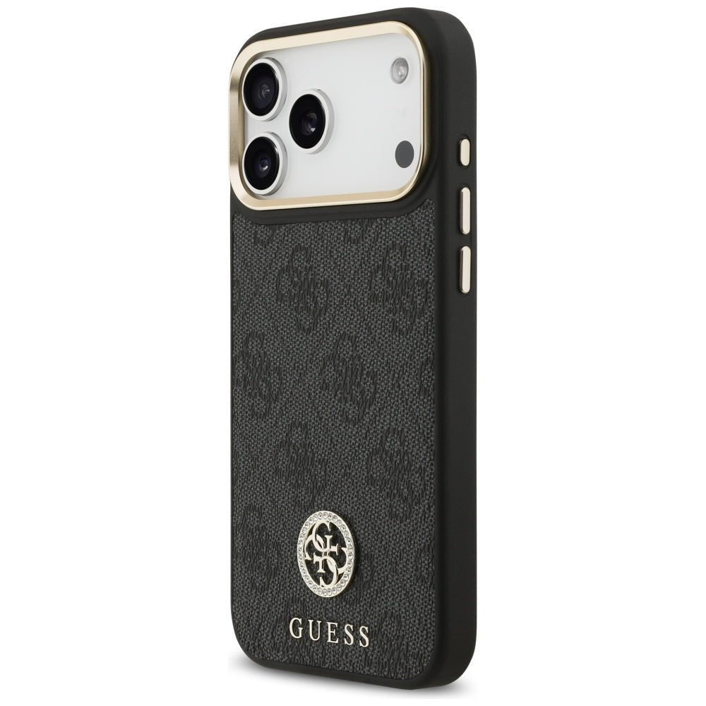 Guess iPhone 17 Pro Max - Σκληρή Θήκη με Επένδυση Συνθετικού Δέρματος - 4G Strass Logo MagSafe - Black