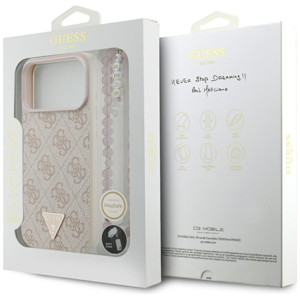 Guess iPhone 17 Pro Max - Σκληρή Θήκη με Επένδυση Συνθετικού Δέρματος και Λουράκι - 4G Strap Triangle Logo MagSafe - Pink