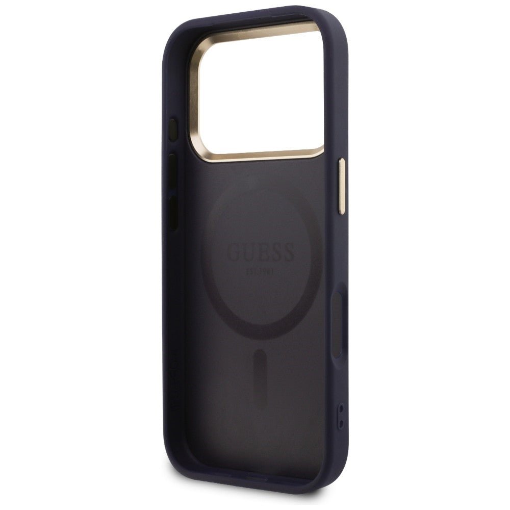 Guess iPhone 17 Pro Max - Σκληρή Θήκη με Επένδυση Συνθετικού Δέρματος - Peony Hot Stamp MagSafe - Blue