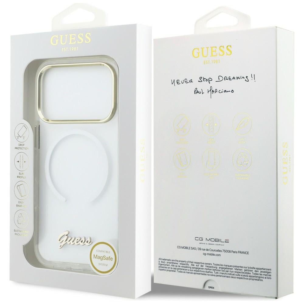 Guess iPhone 17 Pro Max - Σκληρή Θήκη με Πλαίσιο Σιλικόνης - IML Gradient Script Metal MagSafe - White