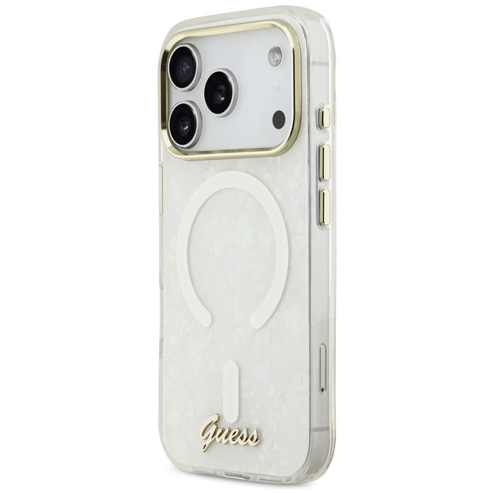 Guess iPhone 17 Pro Max - Σκληρή Θήκη με Πλαίσιο Σιλικόνης - IML Shell Script Metal MagSafe - White