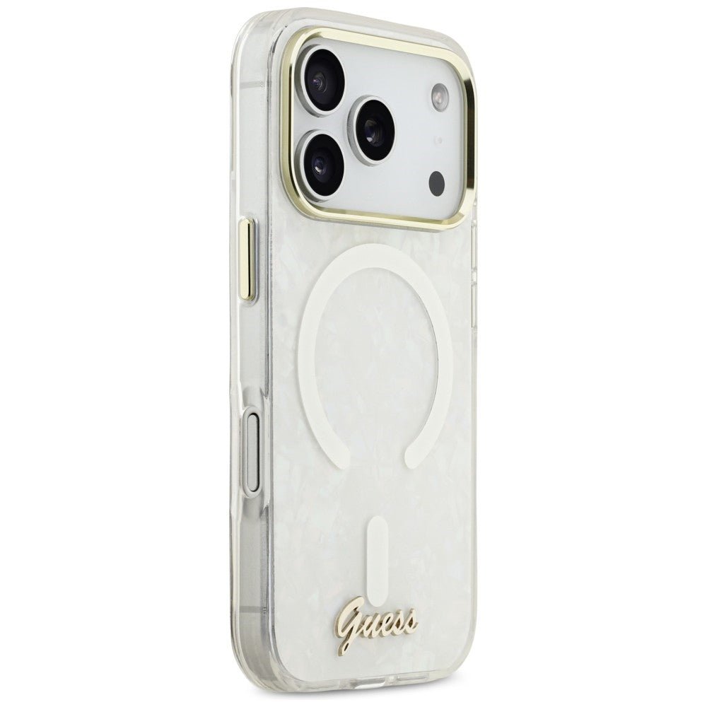 Guess iPhone 17 Pro Max - Σκληρή Θήκη με Πλαίσιο Σιλικόνης - IML Shell Script Metal MagSafe - White