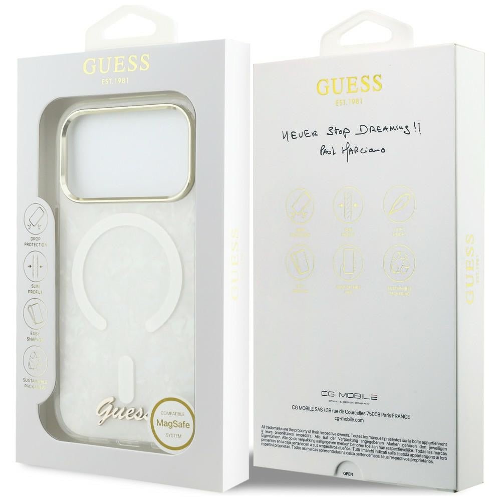 Guess iPhone 17 Pro Max - Σκληρή Θήκη με Πλαίσιο Σιλικόνης - IML Shell Script Metal MagSafe - White