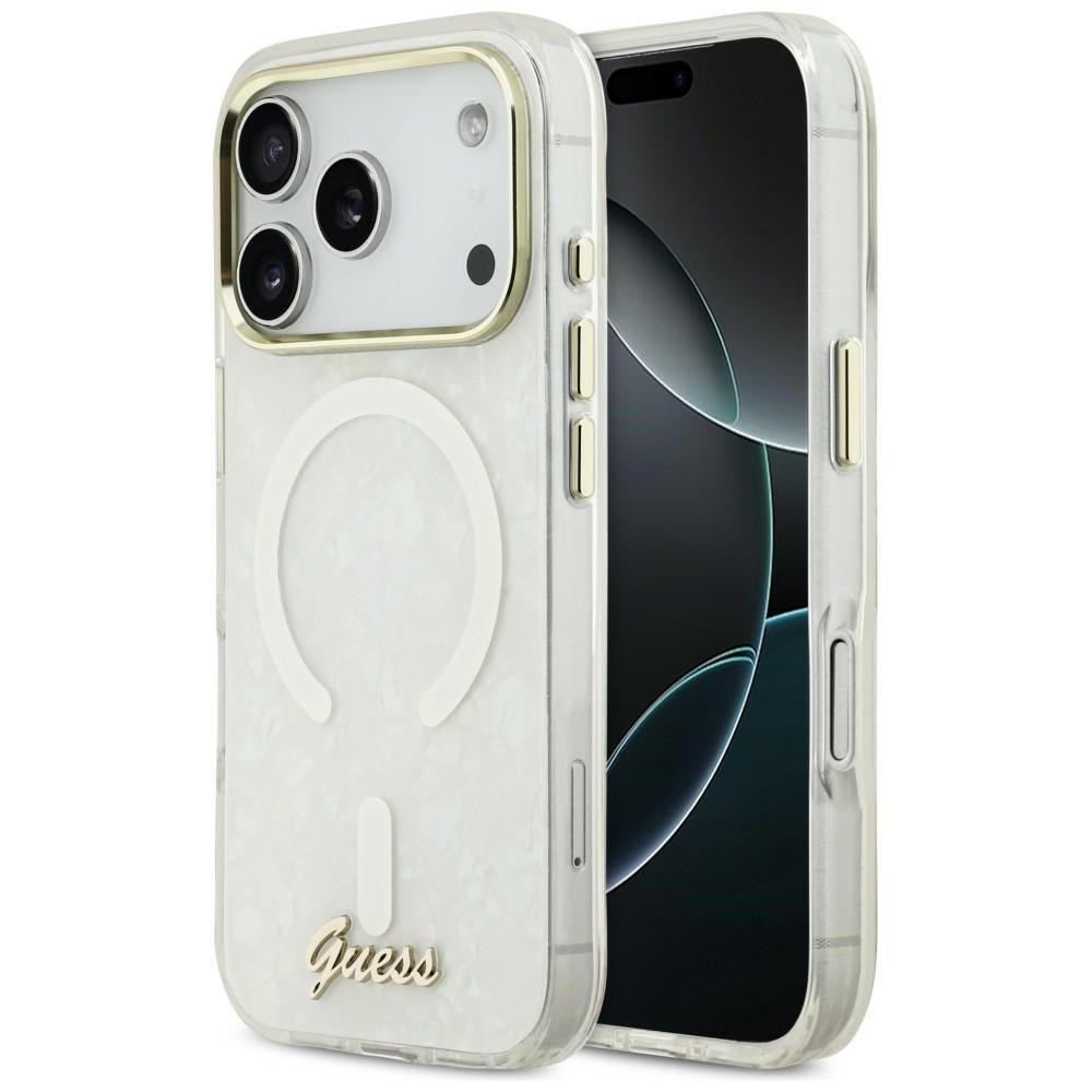 Guess iPhone 17 Pro Max - Σκληρή Θήκη με Πλαίσιο Σιλικόνης - IML Shell Script Metal MagSafe - White