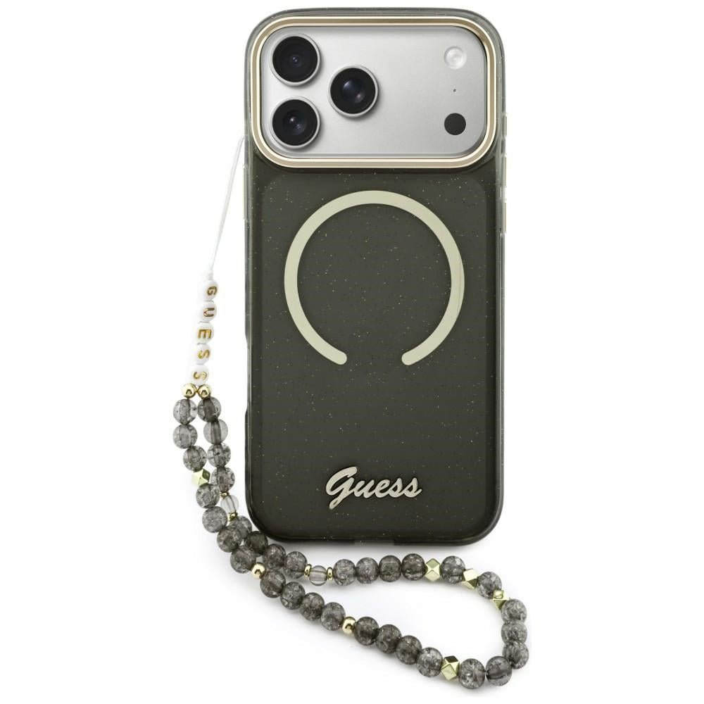 Guess iPhone 17 Pro Max - Σκληρή Θήκη με Πλαίσιο Σιλικόνης και Λουράκι - IML Glitters Script Strap MagSafe - Black