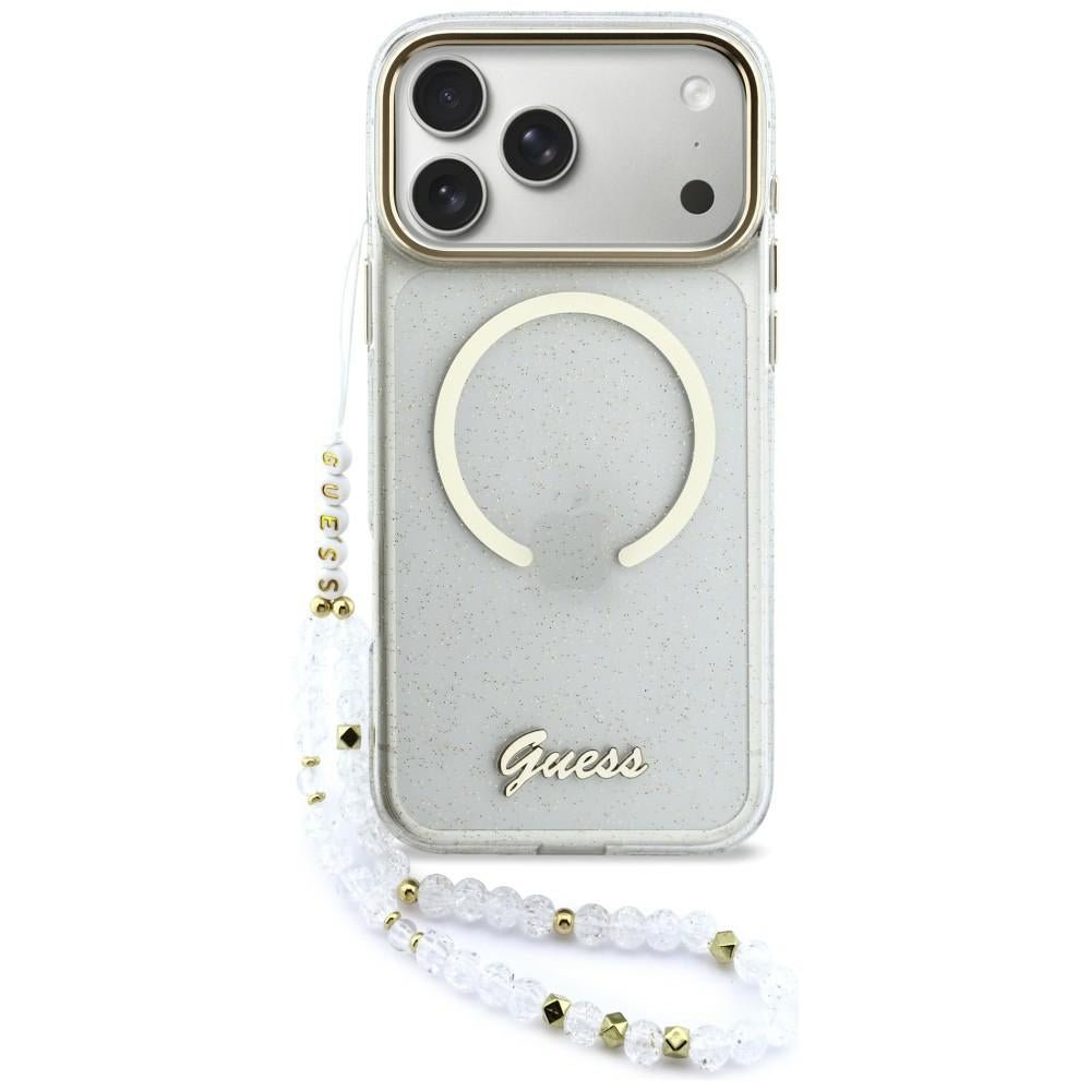 Guess iPhone 17 Pro Max - Σκληρή Θήκη με Πλαίσιο Σιλικόνης και Λουράκι - IML Glitters Script Strap MagSafe - Διάφανη