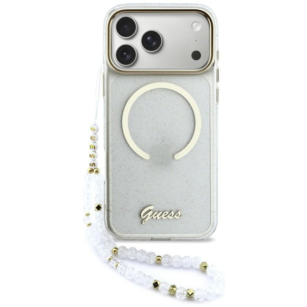 Guess iPhone 17 Pro Max - Σκληρή Θήκη με Πλαίσιο Σιλικόνης και Λουράκι - IML Glitters Script Strap MagSafe - Διάφανη