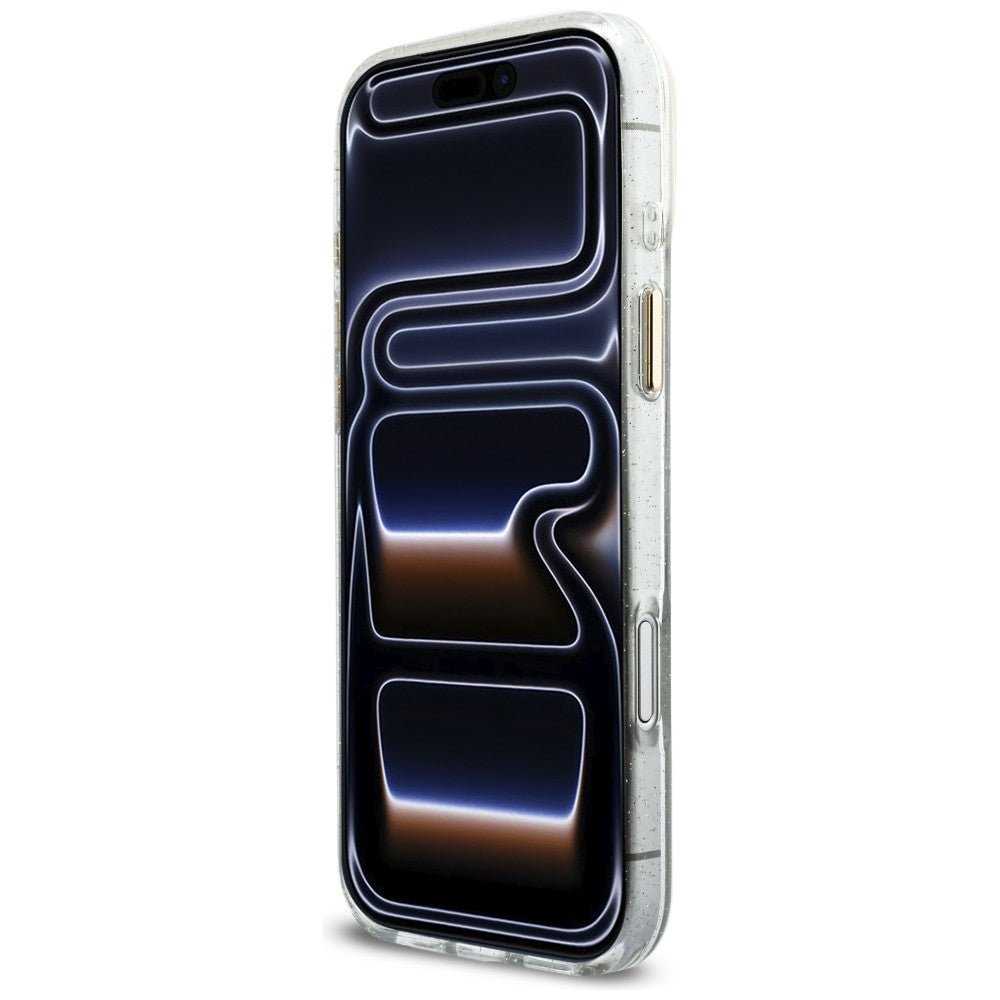 Guess iPhone 17 Pro Max - Σκληρή Θήκη με Πλαίσιο Σιλικόνης και Λουράκι - IML Glitters Script Strap MagSafe - Διάφανη