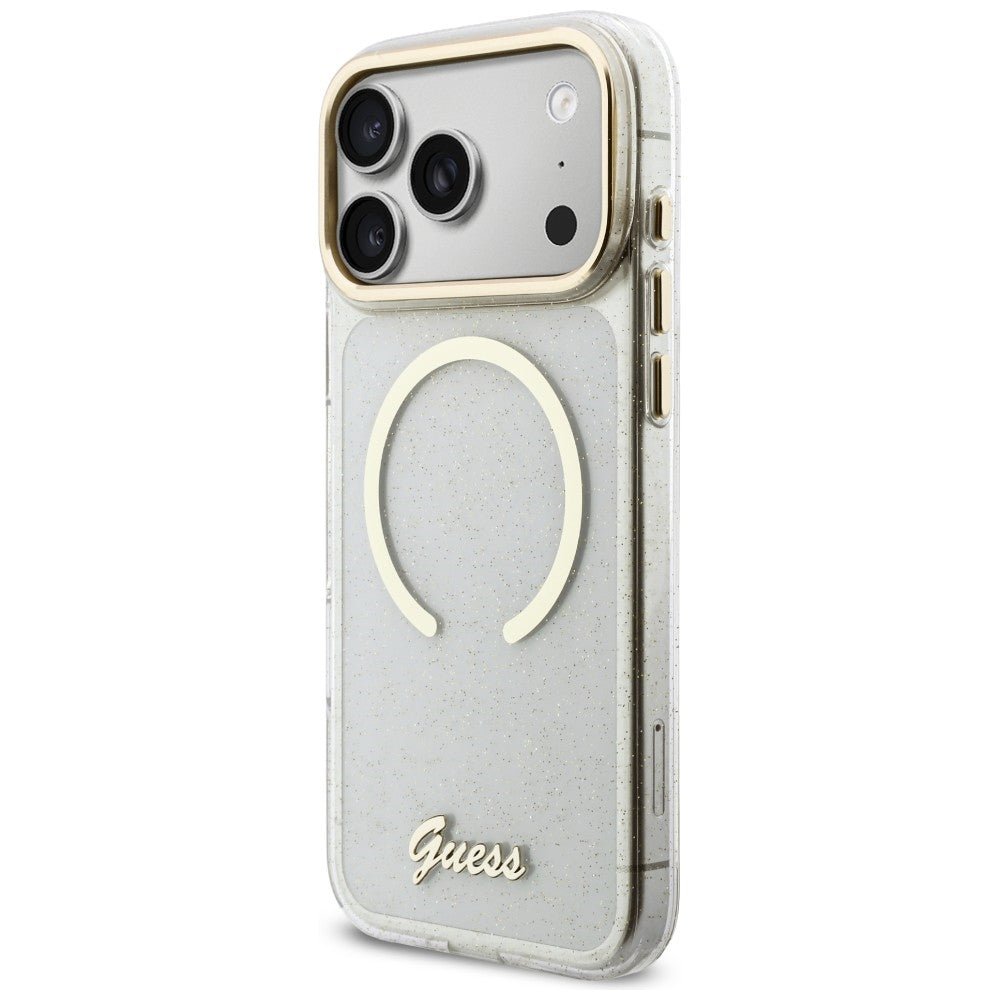 Guess iPhone 17 Pro Max - Σκληρή Θήκη με Πλαίσιο Σιλικόνης και Λουράκι - IML Glitters Script Strap MagSafe - Διάφανη