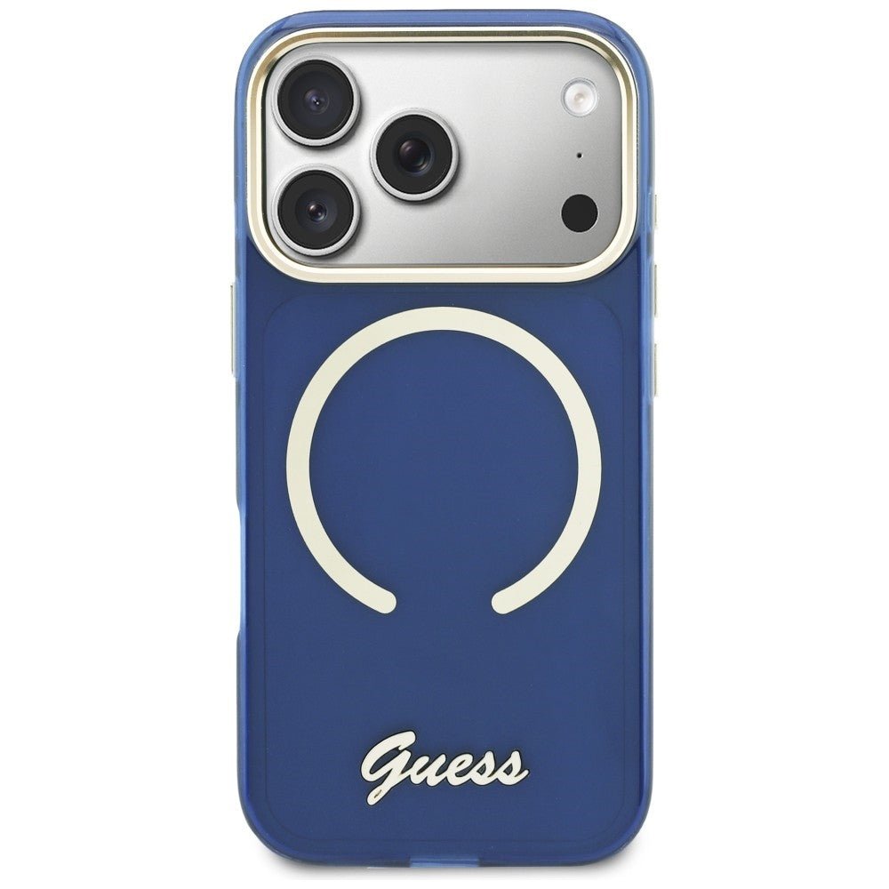 Guess iPhone 17 Pro Max - Σκληρή Θήκη με Πλαίσιο Σιλικόνης και MagSafe - IML Script Metal MagSafe - Blue