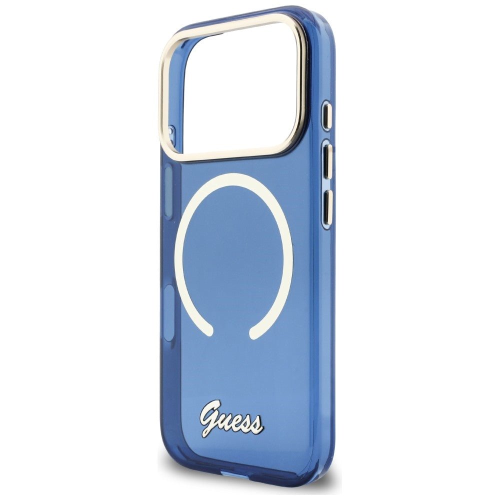 Guess iPhone 17 Pro Max - Σκληρή Θήκη με Πλαίσιο Σιλικόνης και MagSafe - IML Script Metal MagSafe - Blue