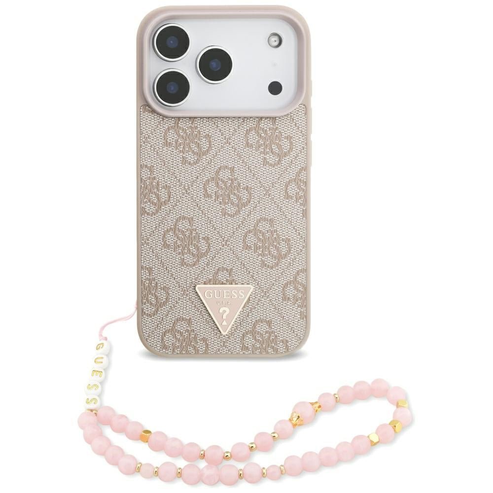 Guess iPhone 17 Pro - Σκληρή Θήκη με Επένδυση Συνθετικού Δέρματος και Λουράκι - 4G Strap Triangle Logo MagSafe - Pink