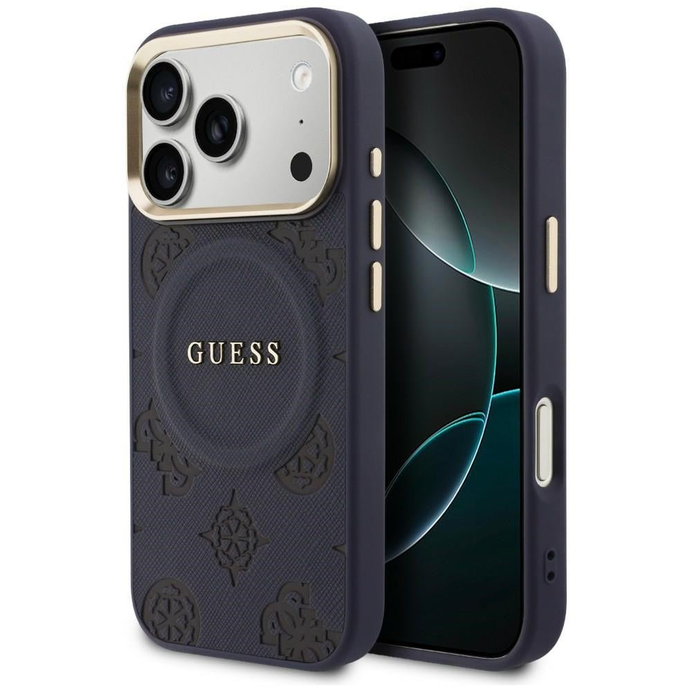 Guess iPhone 17 Pro - Σκληρή Θήκη με Επένδυση Συνθετικού Δέρματος - Peony Hot Stamp MagSafe - Blue