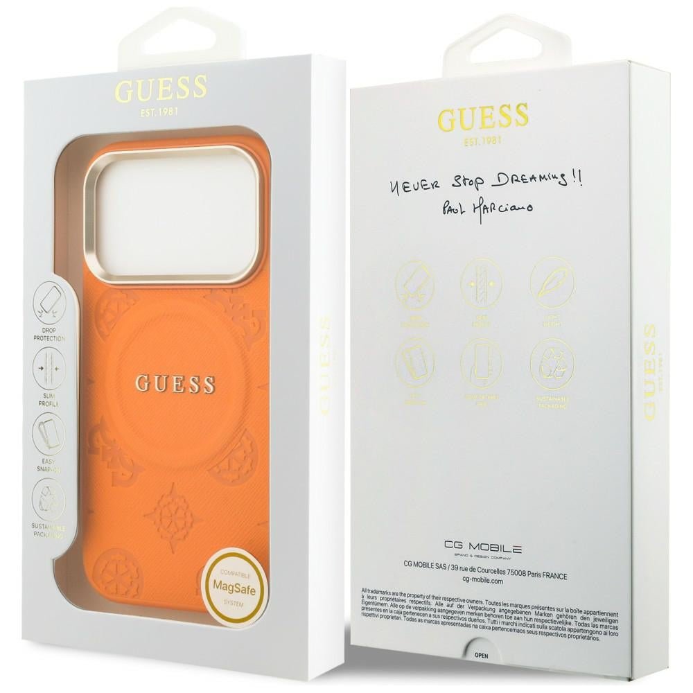 Guess iPhone 17 Pro - Σκληρή Θήκη με Επένδυση Συνθετικού Δέρματος - Peony Hot Stamp MagSafe - Orange