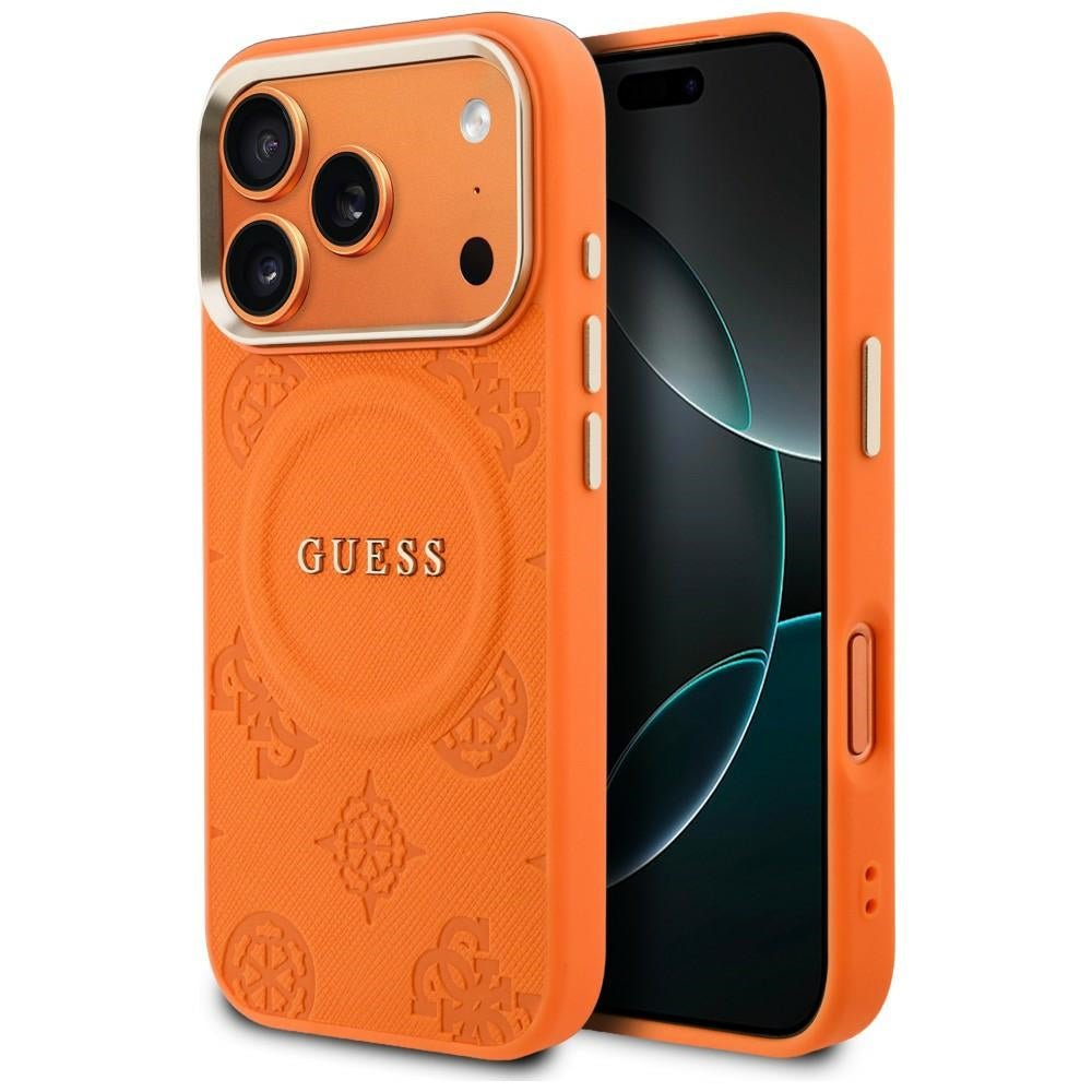 Guess iPhone 17 Pro - Σκληρή Θήκη με Επένδυση Συνθετικού Δέρματος - Peony Hot Stamp MagSafe - Orange