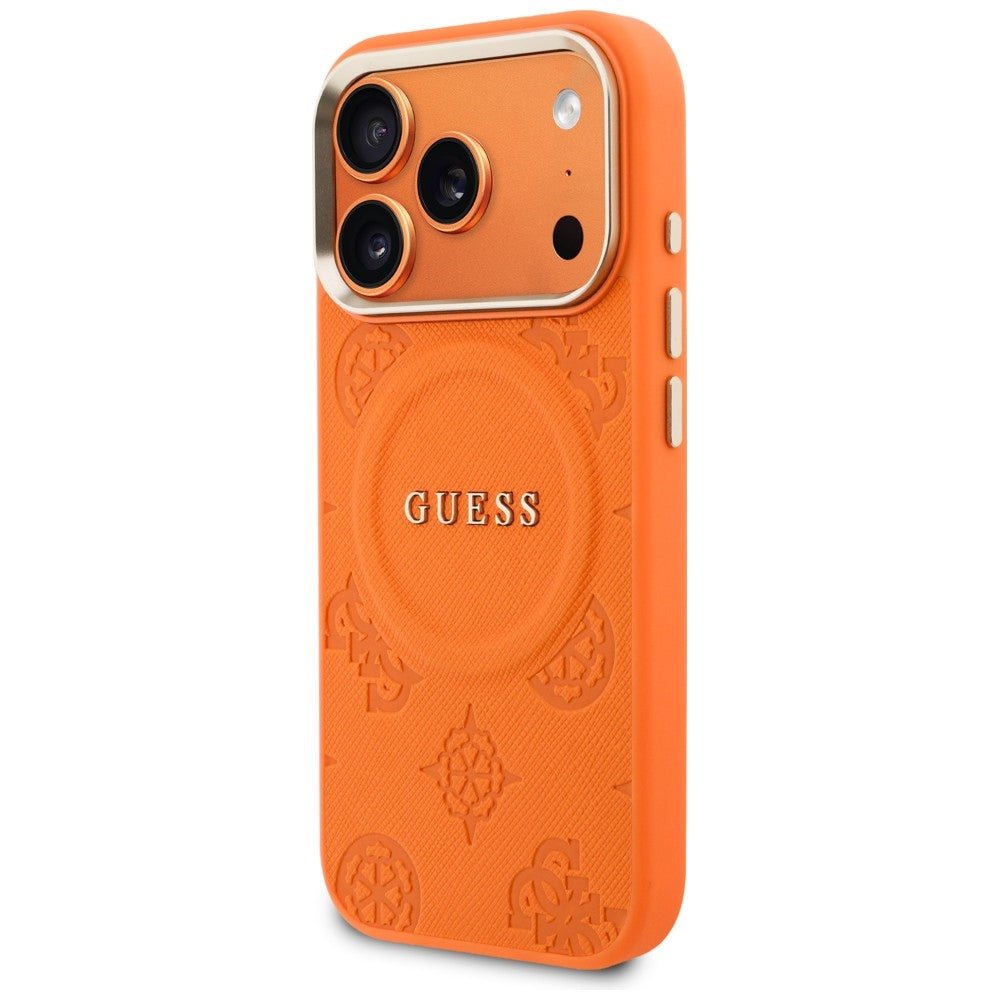 Guess iPhone 17 Pro - Σκληρή Θήκη με Επένδυση Συνθετικού Δέρματος - Peony Hot Stamp MagSafe - Orange