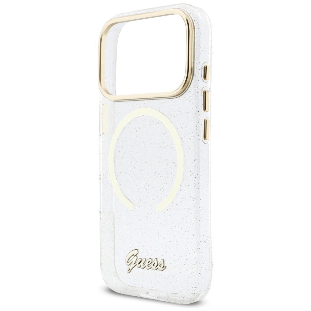 Guess iPhone 17 Pro - Σκληρή Θήκη με Πλαίσιο Σιλικόνης και Λουράκι - IML Glitters Script Strap MagSafe - Διάφανη