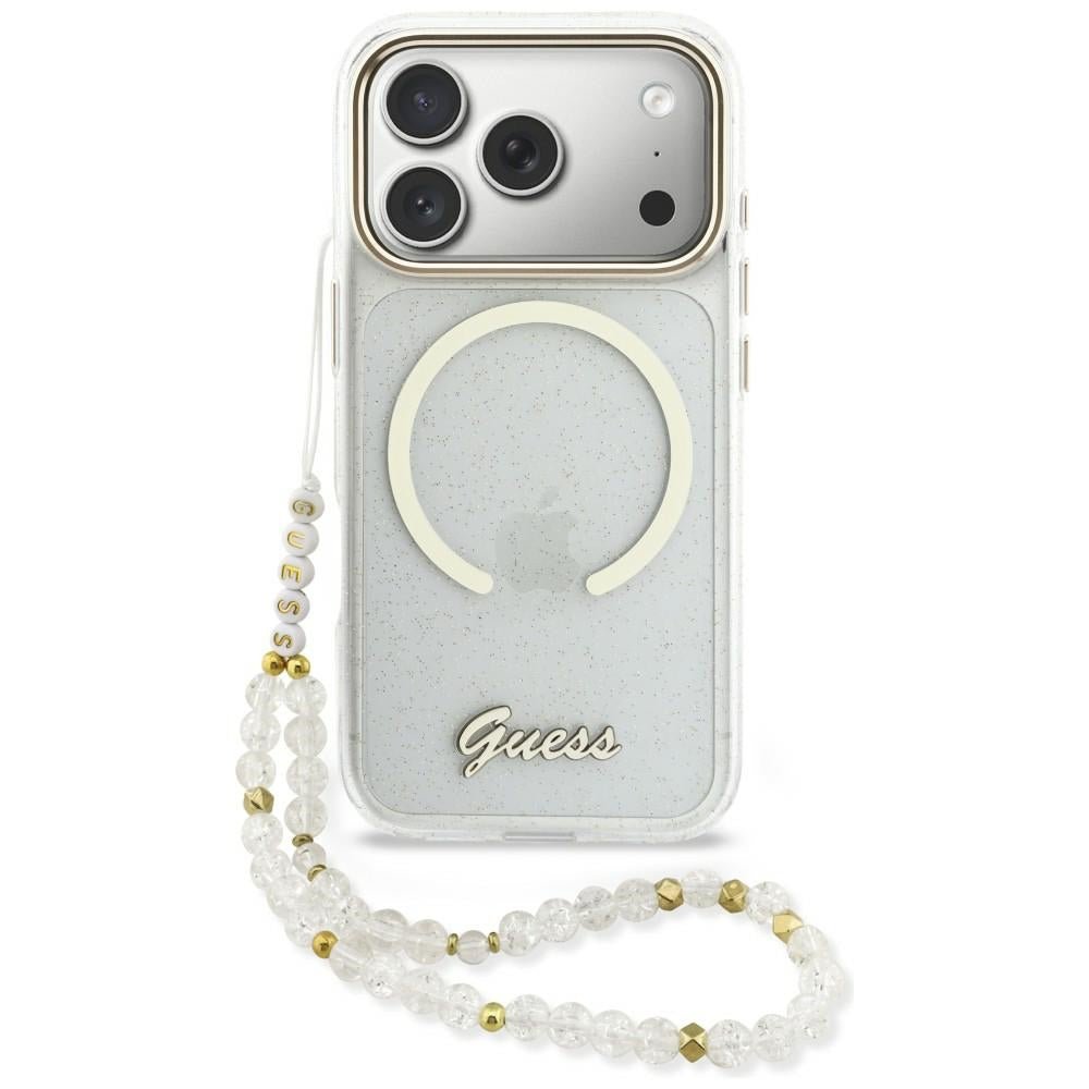 Guess iPhone 17 Pro - Σκληρή Θήκη με Πλαίσιο Σιλικόνης και Λουράκι - IML Glitters Script Strap MagSafe - Διάφανη