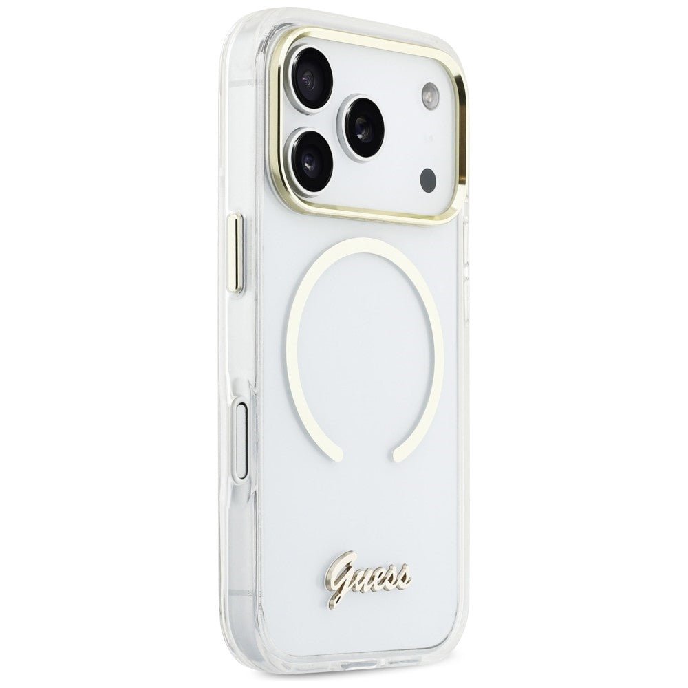 Guess iPhone 17 Pro - Σκληρή Θήκη με Πλαίσιο Σιλικόνης και MagSafe - IML Script Metal MagSafe - Clear