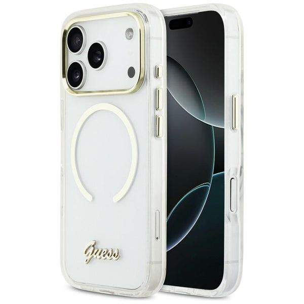 Guess iPhone 17 Pro - Σκληρή Θήκη με Πλαίσιο Σιλικόνης και MagSafe - IML Script Metal MagSafe - Clear