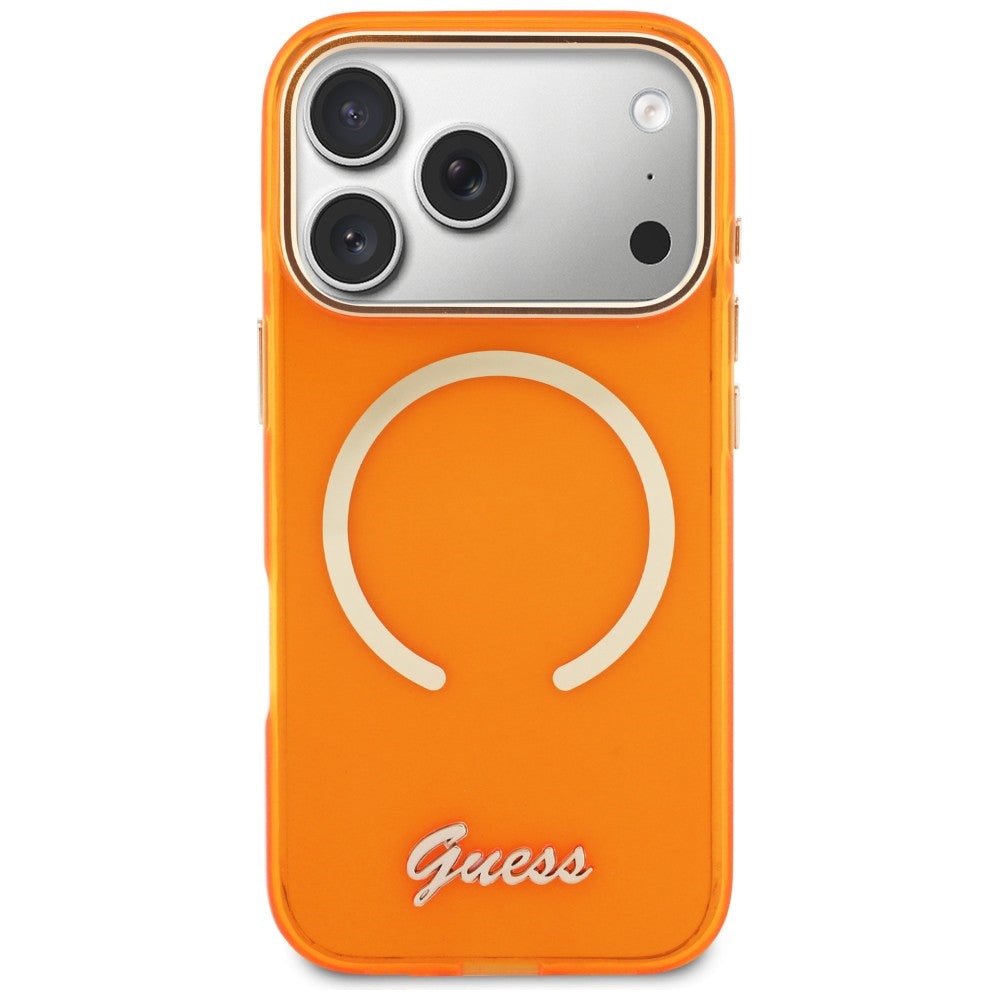 Guess iPhone 17 Pro - Σκληρή Θήκη με Πλαίσιο Σιλικόνης και MagSafe - IML Script Metal MagSafe - Orange