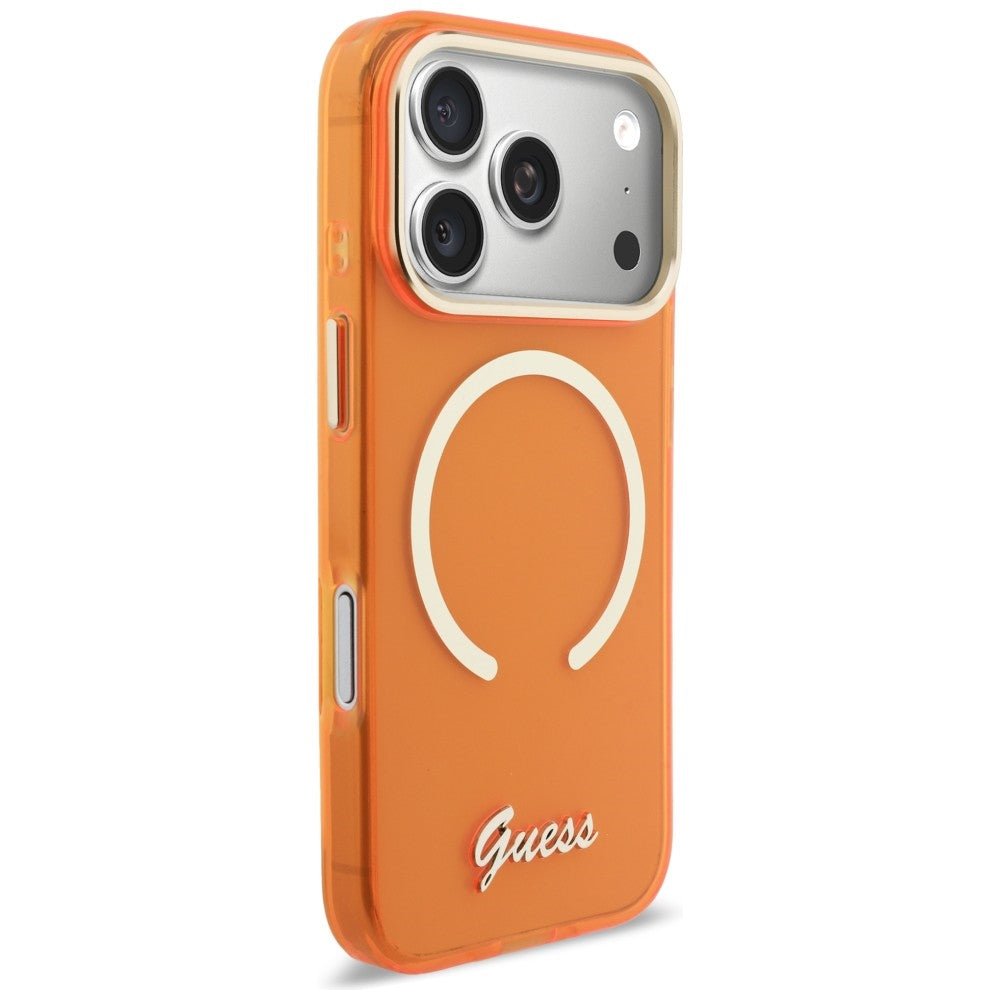 Guess iPhone 17 Pro - Σκληρή Θήκη με Πλαίσιο Σιλικόνης και MagSafe - IML Script Metal MagSafe - Orange