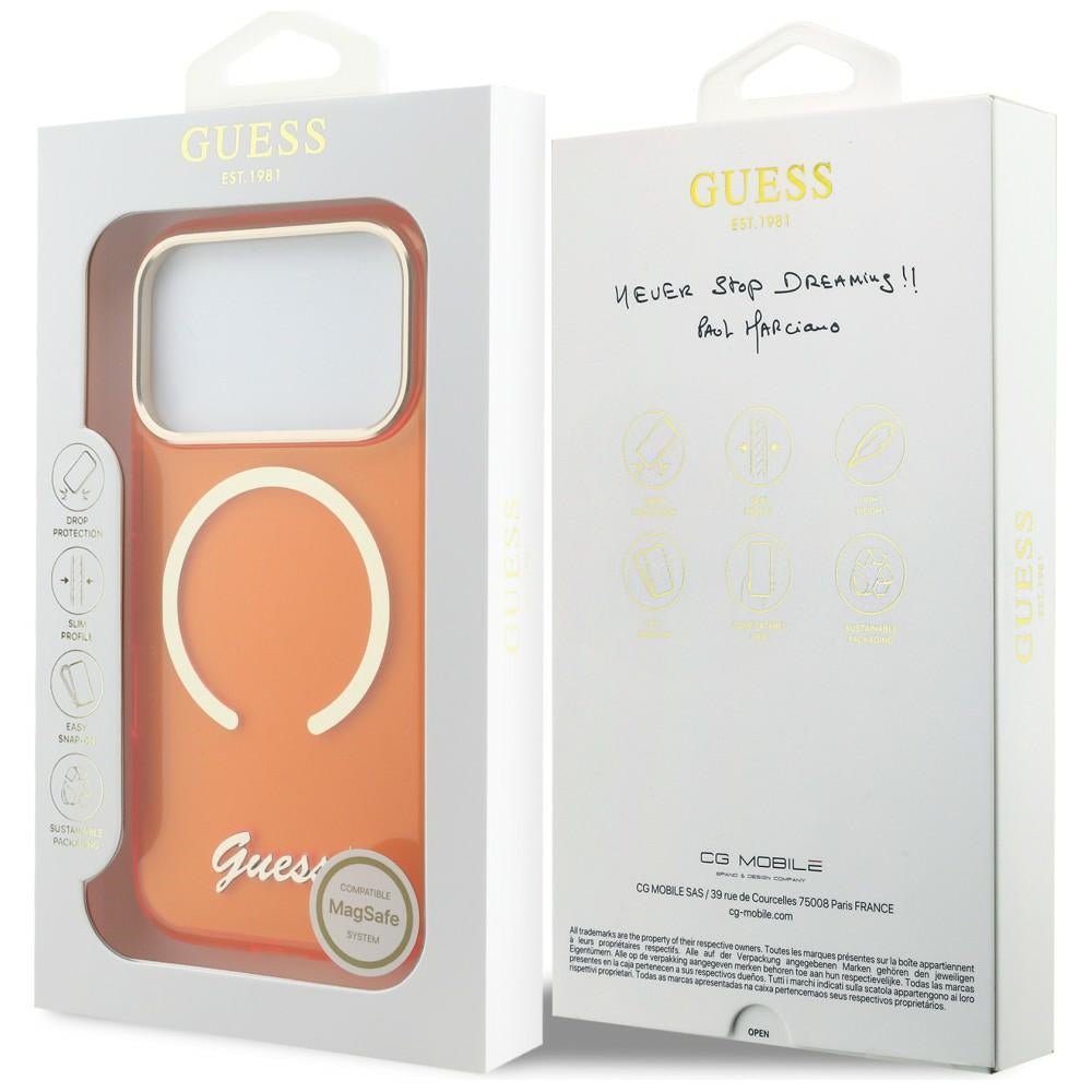 Guess iPhone 17 Pro - Σκληρή Θήκη με Πλαίσιο Σιλικόνης και MagSafe - IML Script Metal MagSafe - Orange